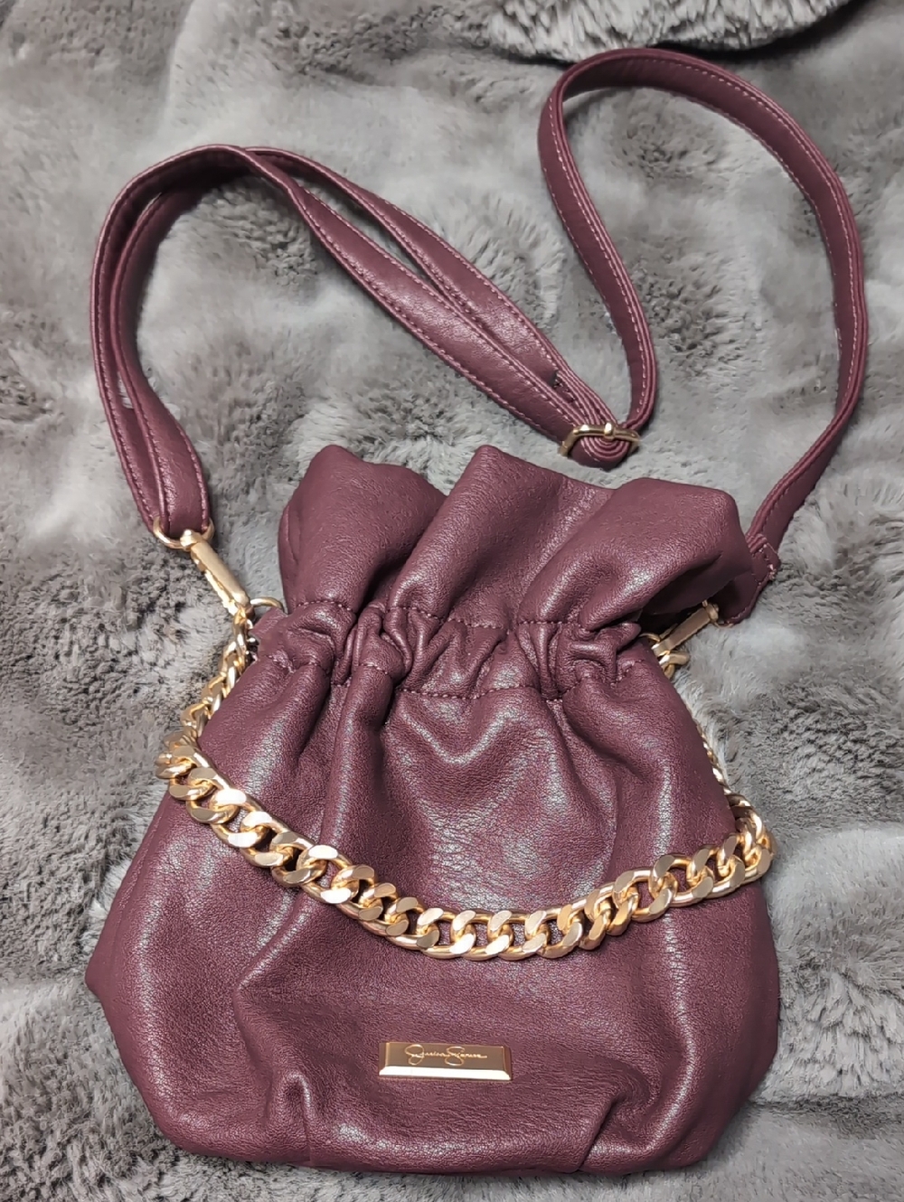 Jessica Simpson Jolie Drawstring Adjustable Crossbody with Gold Chain - Wine